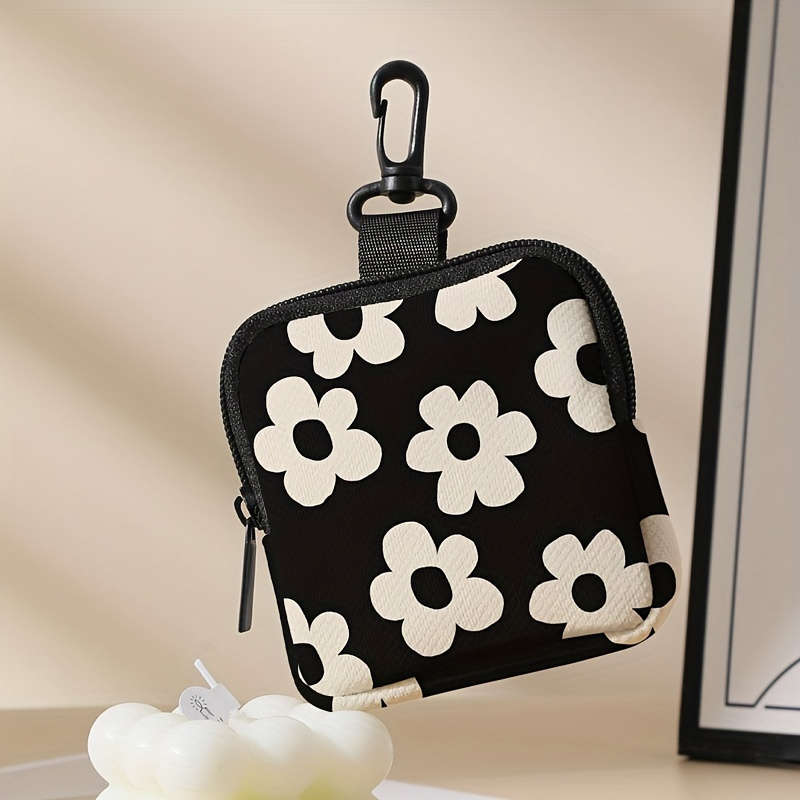 1pc Chic Black White Floral Pattern Coin Purse with Zipper Large Capacity Multi-Functional Han