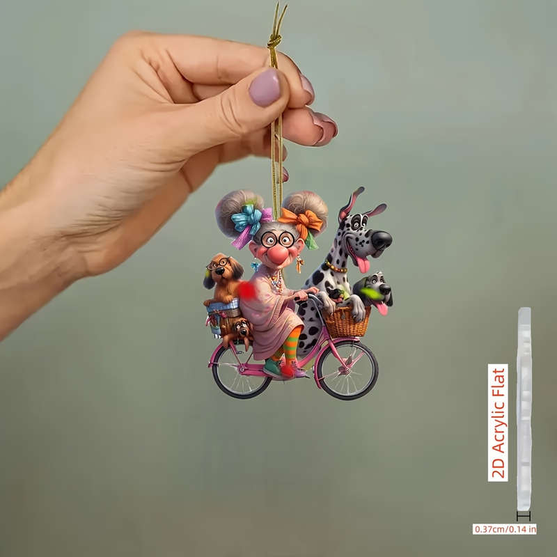 1pc 2D Flat    Acrylic Charming Grandma Riding Bicycle with Dogs Rearview Mirror Decoration P