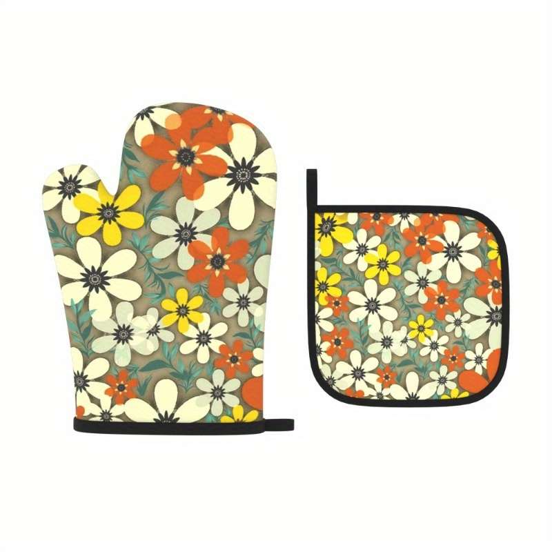 2pcs Floral Heat-Resistant Oven Mitts Potholders Watercolor White Yellow Red Flowers wit