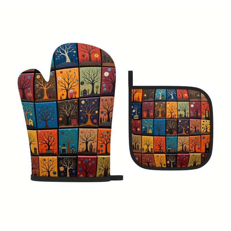 2pcs Colorful Tree Art Heat Resistant Oven Mitts and Pot Holders 26.92x17.02 cm Vibrant Patc