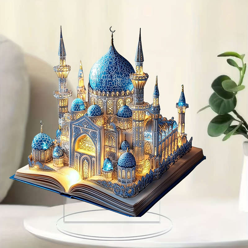1pc 2D Flat   Acrylic Flat Mosque Model Elegant Blue Golden Mosque Design for Home Party D