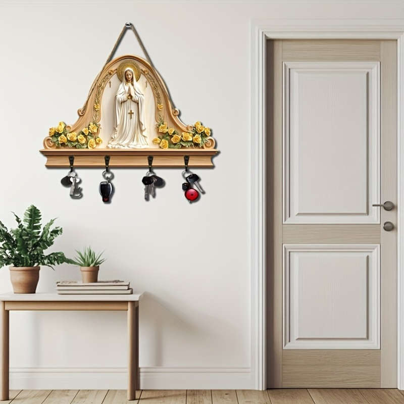 A Simple And Colorful Wooden Key Holder Featuring a Religious Prayer Equipped with Four Metal Hooks
