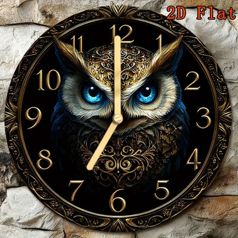 1pc Round Silent Wooden Wall Clock 2D Flat Owl Design Manufactured Wood Dry Battery Power AA Battery