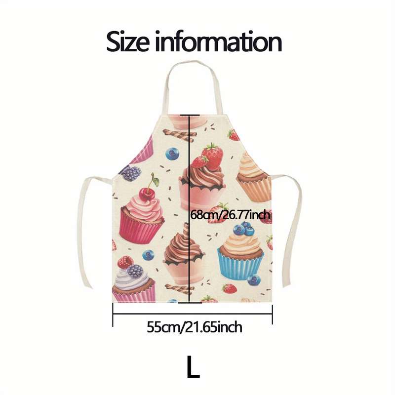 1pc Linen Apron with Cupcake Berry Print Easy-Clean Kitchen Cooking Baking Apron for Home