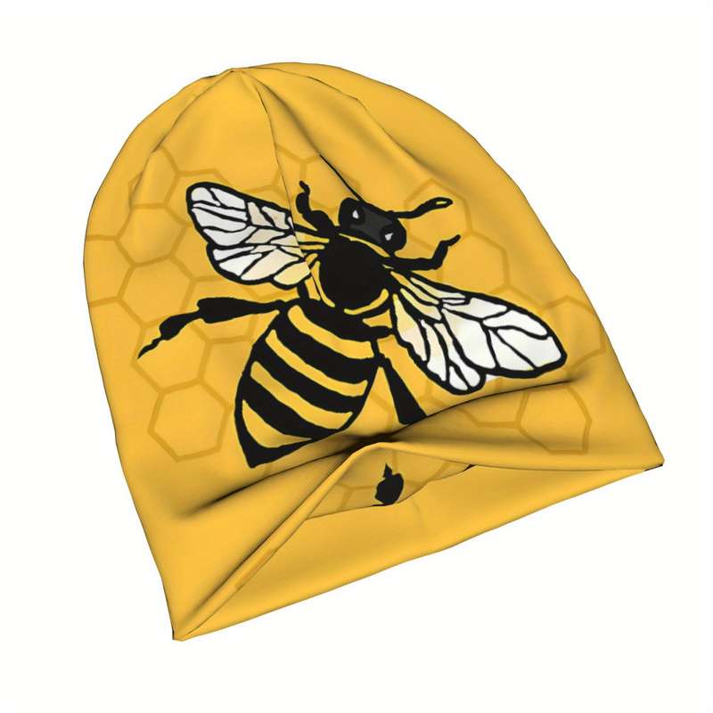 1pc 1 Mustard Yellow Bee-Themed Knit Skull Cap for Men Fashionable Stretchy Polyester Blend Bon