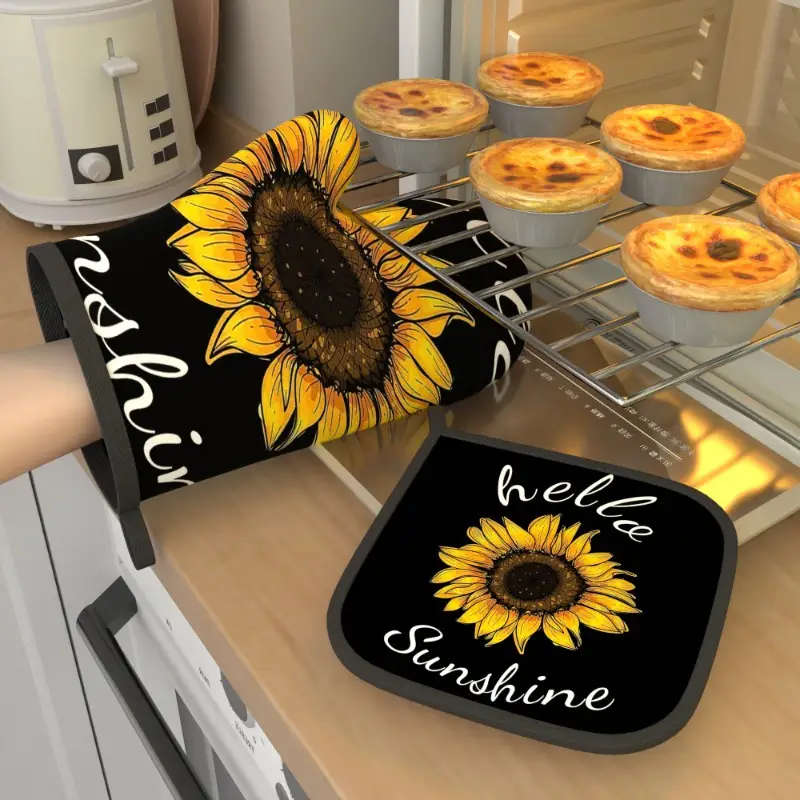 2pcs Sunflower Heat-Resistant Oven Mitts and Potholders Set 26.92*17.02 cm Polyester Machine Washabl