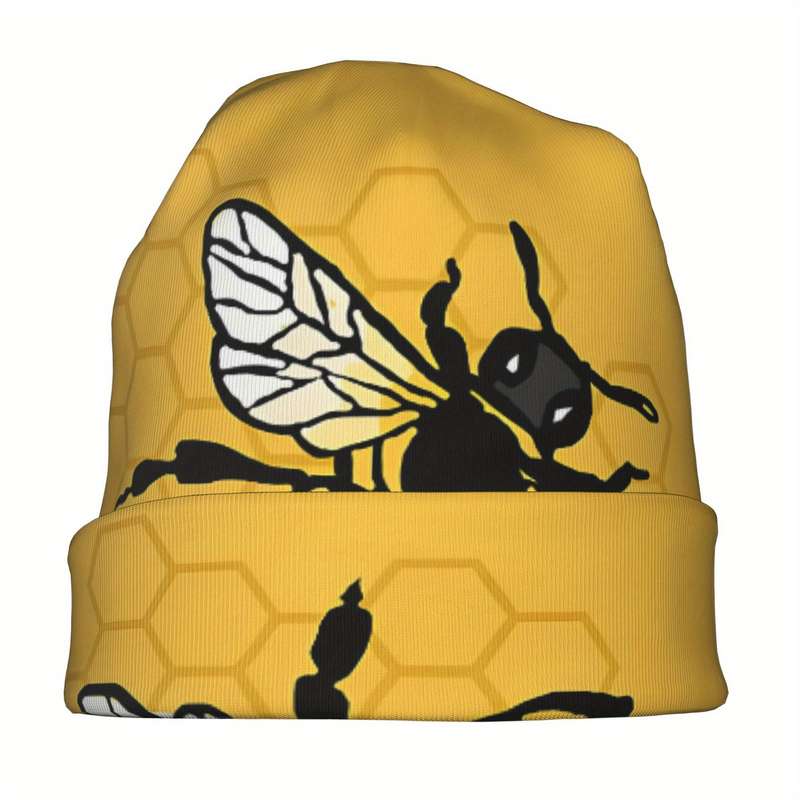1pc 1 Mustard Yellow Bee-Themed Knit Skull Cap for Men Fashionable Stretchy Polyester Blend Bon