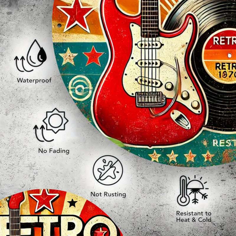 1pc Vintage Guitar and Vinyl Record Design 19.81 cm Round Iron Wreath Sign Vintage Style Wall Dec