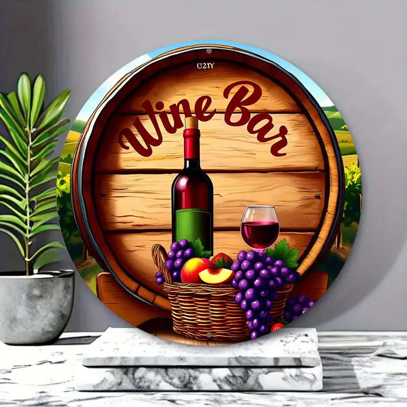 1pc Bottle of Wine And a Basket of Fruit in Front of a Wreath Sign 8-Inch Round Aluminum Sign Perfec