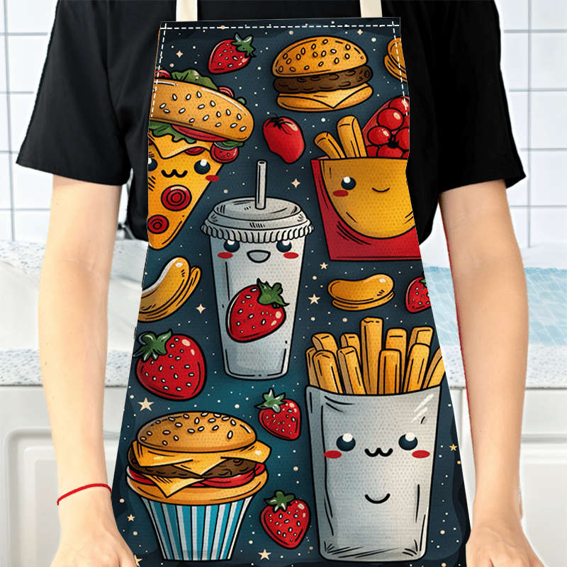 1pc Large Linen Apron with Fun Food Cartoon Print Cute Strawberry Burger Fries Design Dur