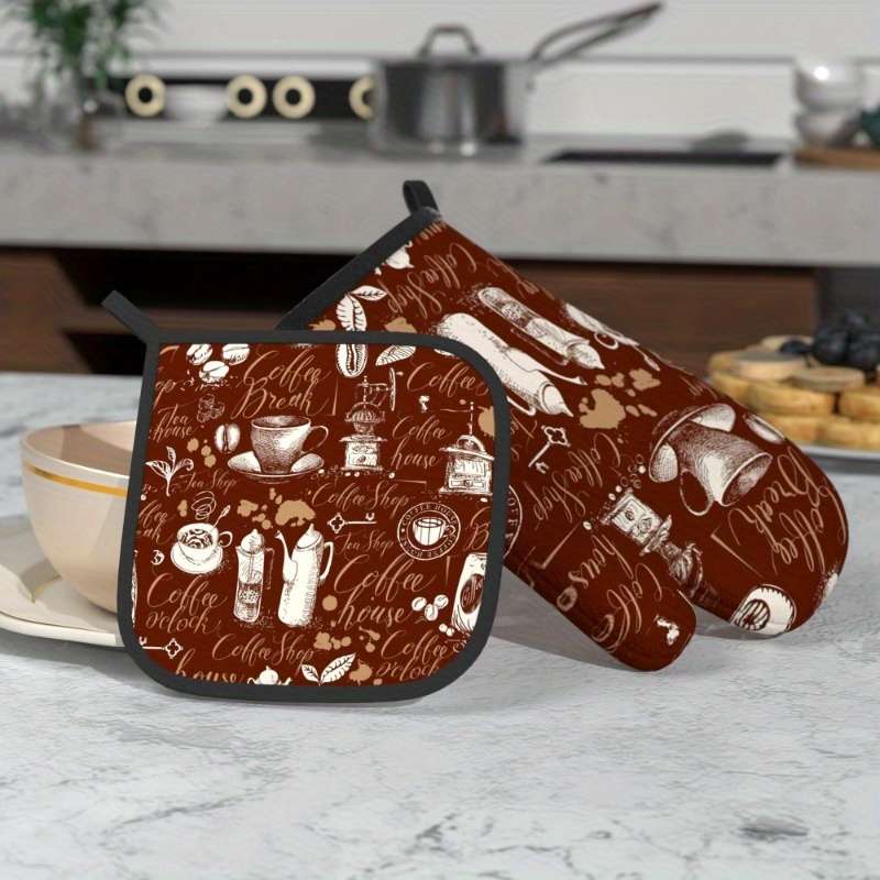 2pcs Vintage Coffee-Themed Heat-Resistant Oven Mitts Pot Holders 26.92x17.02 cm Brown with