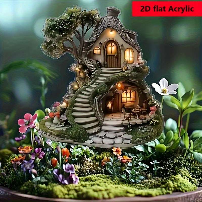 1pc 2D Flat  Glimm-Style Crystal Fairy Tree House Garden Plate Enchanting Lawn Ornament with Ston