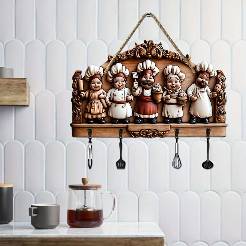 1pc Happy Chef Family Wooden Key HolderVintage Style Wall-Mounted Decor with Four Metal Hooks 2D