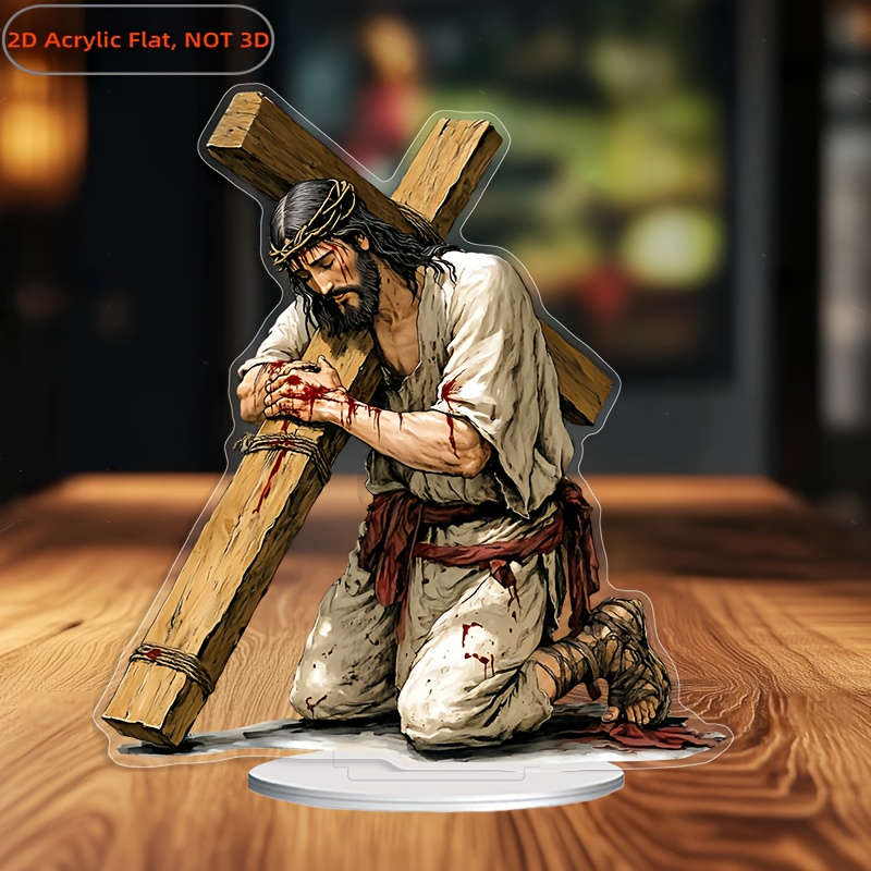 1pc 2D Flat   Acrylic Jesus Crucifixion Desk Statue with Detailed Blood-Stained Clothing Design