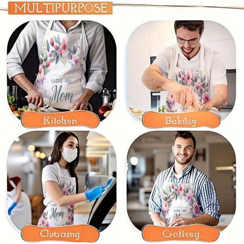 1pc Single-Piece Apron Floral Design with "I Love You Mom" Message Durable Polyester Unisex Kitc