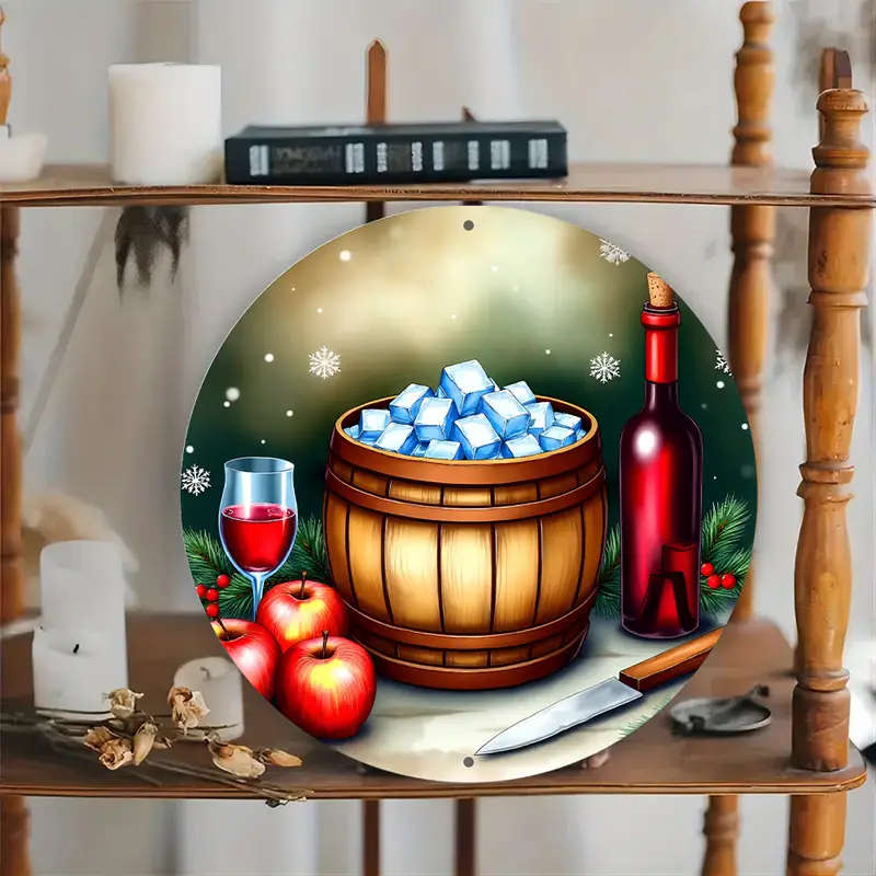1pc Festive 20.32x20.32cm Round Aluminum Wreath Sign with Wooden Barrel Ice Design Perfect for Holid