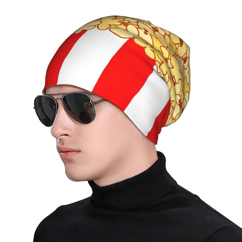 1pc Men's Popcorn Print Beanie Fashionable Red White Striped Knit Hat with Yellow Popcorn D