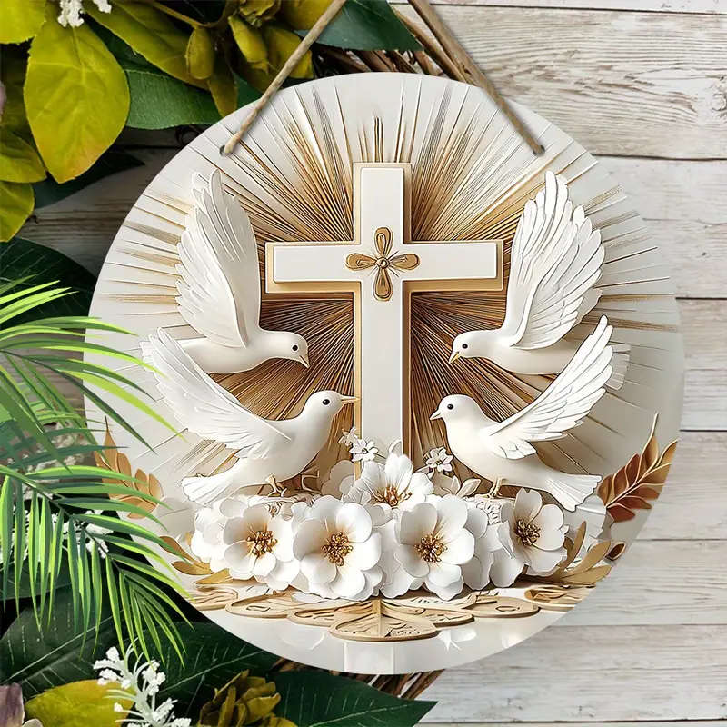 1pc Rustic Wooden Cross and Dove Wreath Sign 19.99cmx19.99cm Round Religious Wall Decor with Hanging