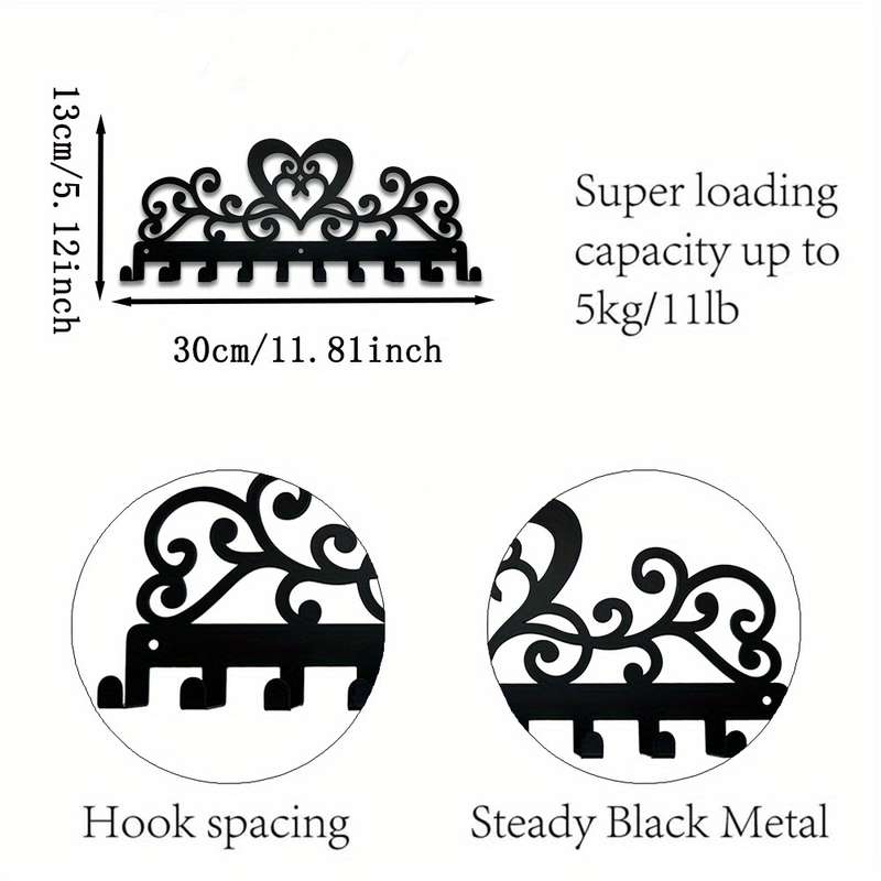 Vintage Heart-Shaped 10-Hook Black Metal Key HolderStylish Wall-Mounted Organizer for K