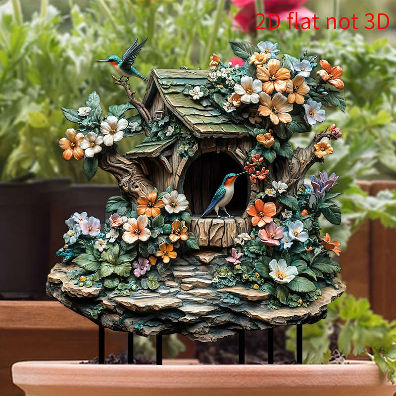 1pc 2D Flat   Acrylic Bird Garden Statue Vibrant Floral Design with Singing Bluebird in Birdhou