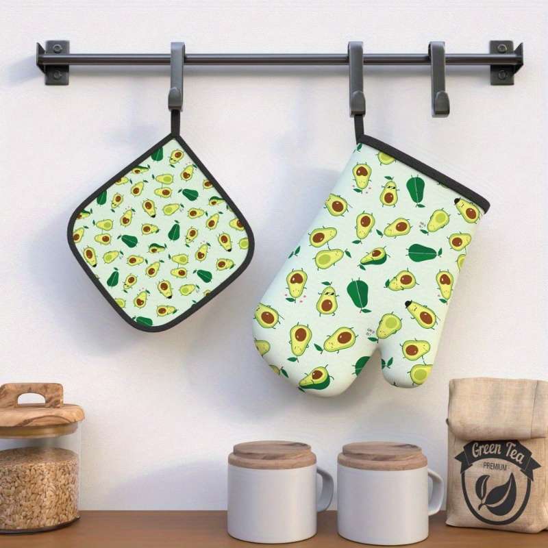 2pcs Avocado Pattern Oven Mitt Set Heat Resistant Polyester Kitchen Accessories Machine Washa