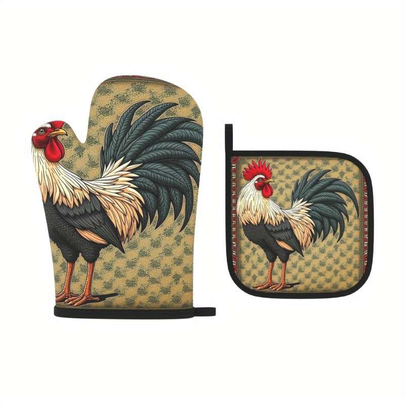 2pcs 26.92x17.02 cm Heat-Resistant Oven Mitts and Pot Holders Vibrant Rooster Design Durable