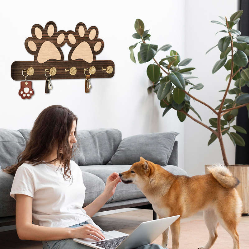 1pc Farmhouse Wooden Dog Paw Key Holder Wall MountRustic Dark Brown Organizer with 5 Unique Paw H