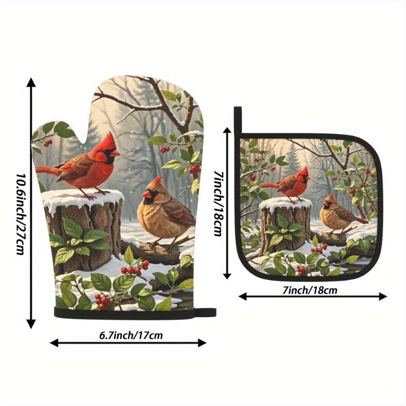 2pcs Set Cardinal Red Berries Green Leaves Oven Mitts and Pot Holders Heat Resistant Machi