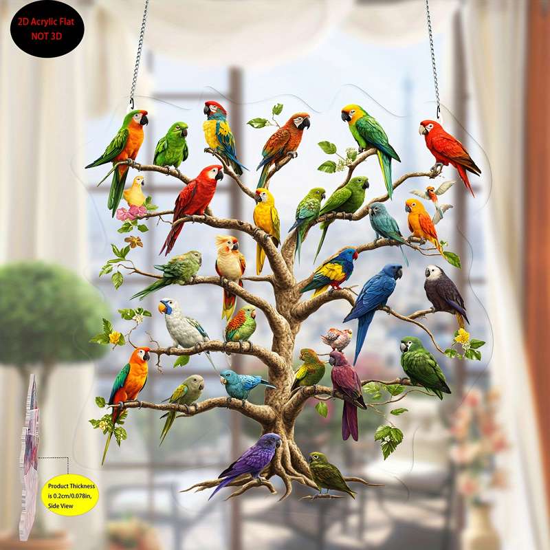 1pc 2D Flat   Colorful Parrot Tree Acrylic 20.32cm x 20.32cm Bohemian Wall Hanging Vivid