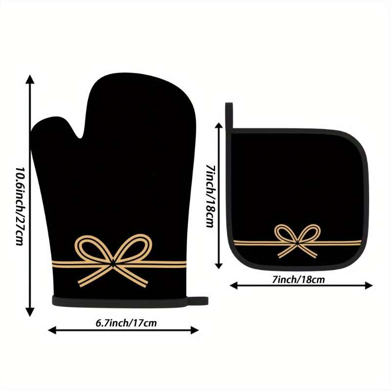 Set of 2 Heat-Resistant Oven Mitts And Pot Holders in Black Bow String Design Measuring 10.6 b