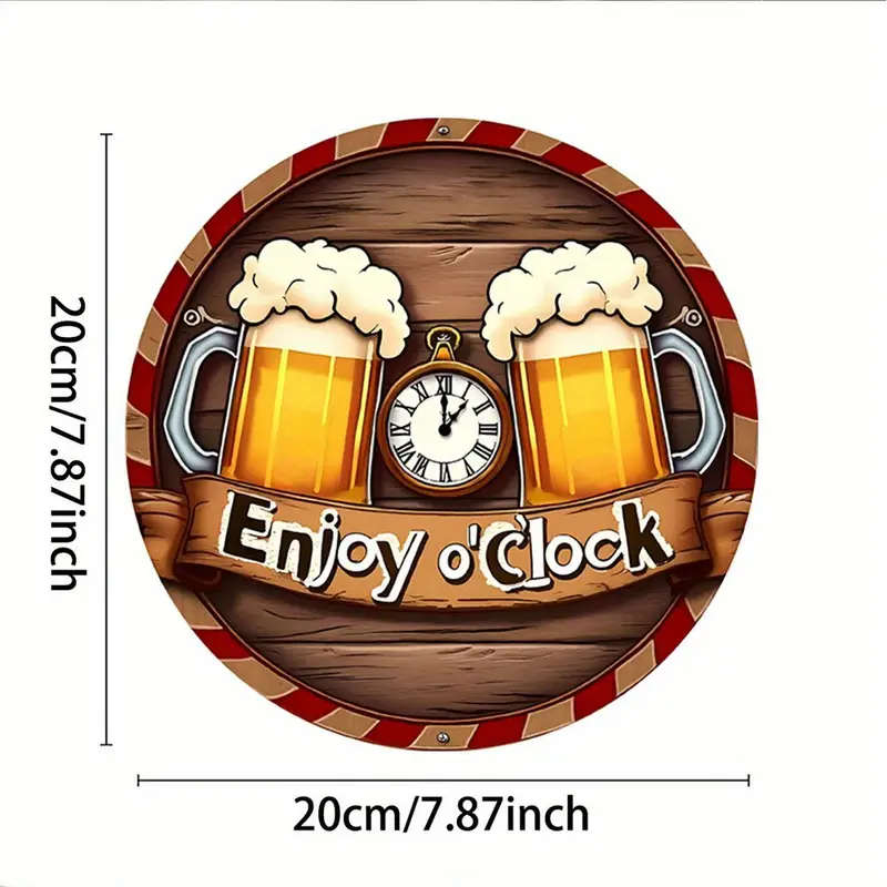 1pc Rustic Enjoy o'Clock Beer Mugs Wall Clock Round Aluminum Sign Festive Hanging Decor for Home Pat