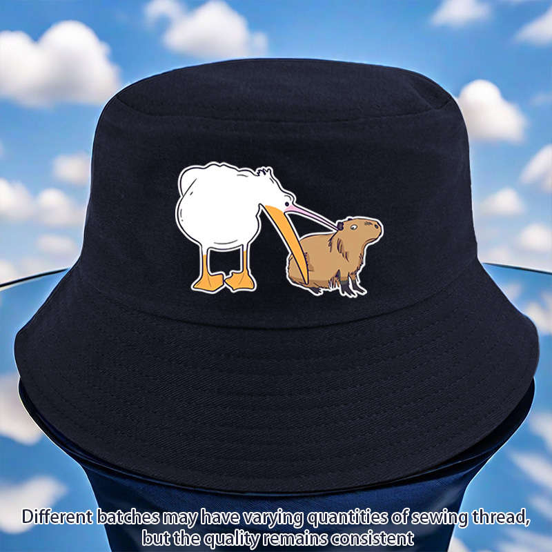 1pc Fun Goose with Big Mouth Eating Small Animals Print Bucket Hat Versatile and Lightweight Avai