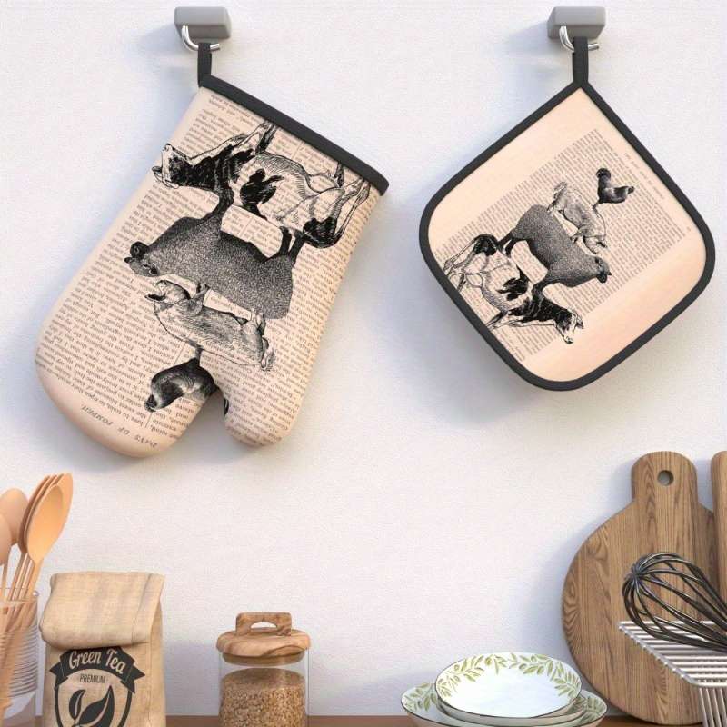 2pcs Vintage Farmhouse Kitchen Set 26.92x17.02 cm Oven Mitts Pot Holders with Chicken Pig