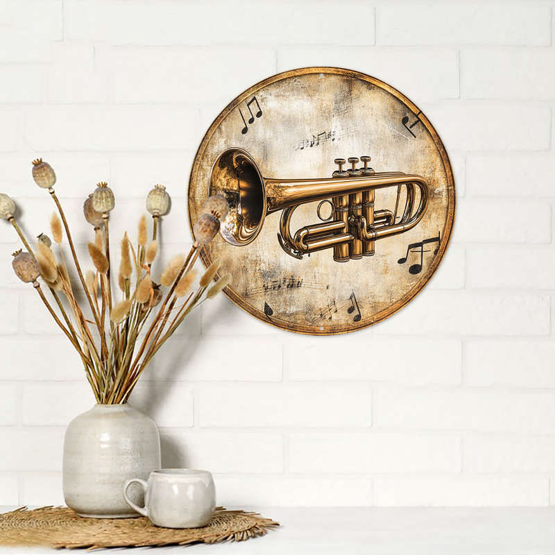 1pc  Trumpet Art Decoration 20.32x20.32 cm Round Aluminum Wall Art with Musical Notes Trumpe