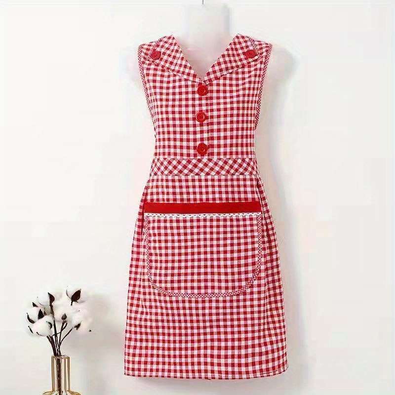 1pc Stylish Gingham Apron with Collar Red White or Black White Plaid Pattern Adjustable