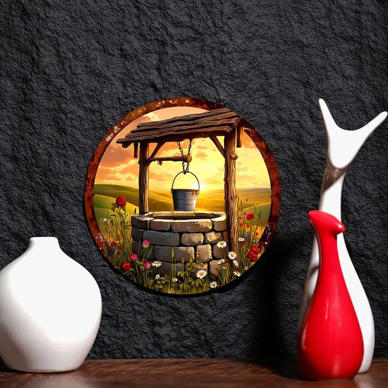 1pc Room Decor Rustic Well Sunset Aluminum Wall Art Circular Foil Engraving Sign 19.81 cm Ideal for