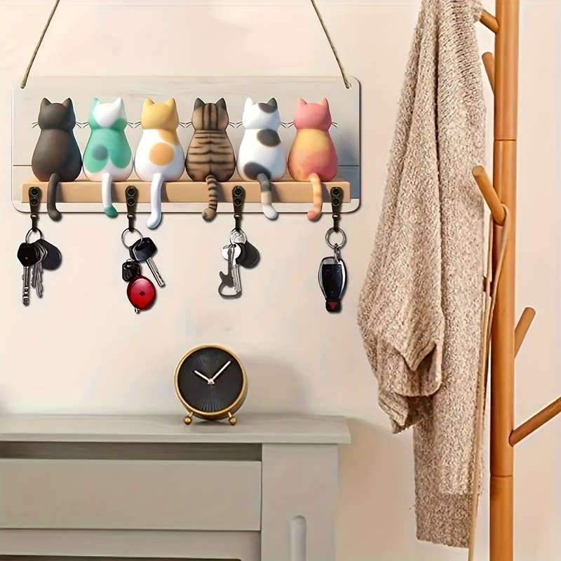 A 2D Whimsical Cat Silhouette Keychain with 4 One Metal Hooks-Colorful Wall-Mounted Wood Artwork Pe