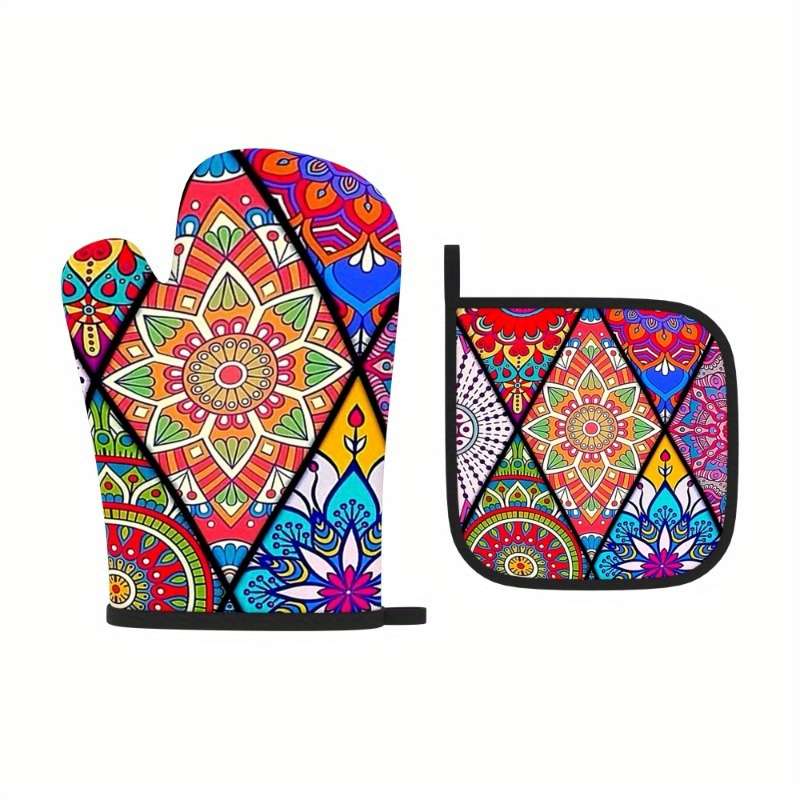 2pcs Colorful Mandala Heat-Resistant Oven Mitts Pot Holders 26.92x17.02 cm Vibrant Geometr