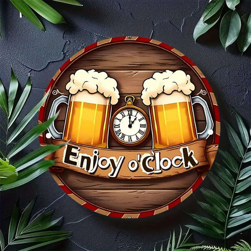 1pc Rustic Enjoy o'Clock Beer Mugs Wall Clock Round Aluminum Sign Festive Hanging Decor for Home Pat