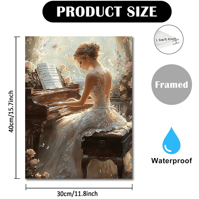 1pc  Elegant Piano-Playing Woman Wall Art Wooden Framed Canvas Print for Wedding Anniversary
