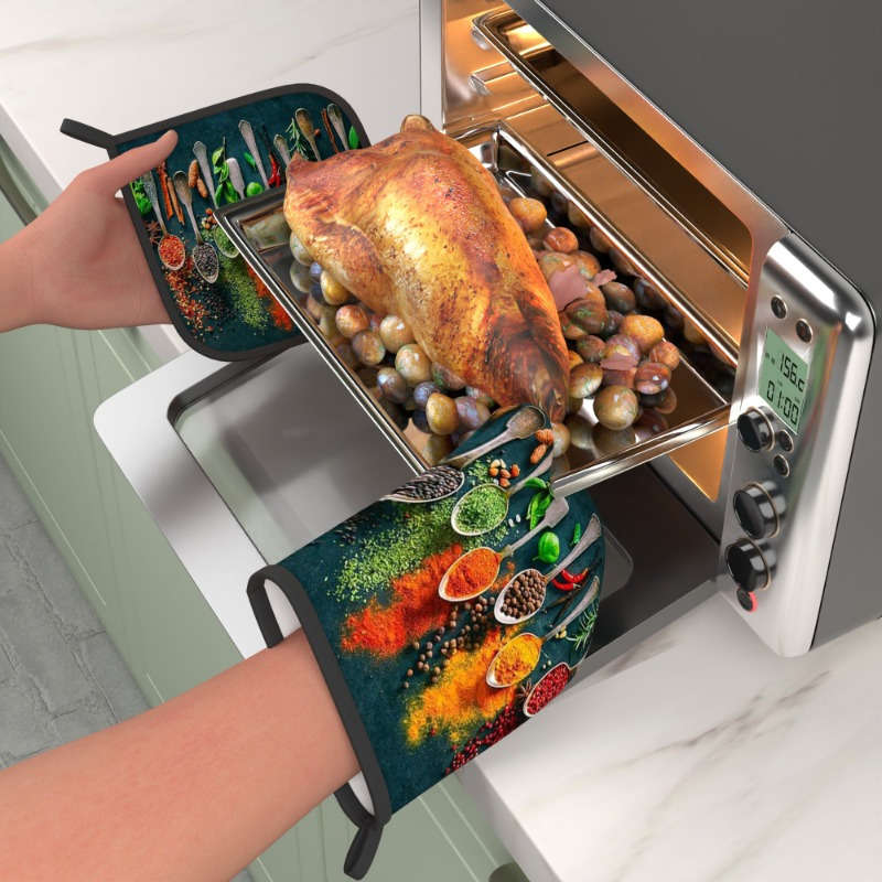 2pcs HeatGuard Kitchen Oven Mitts and Potholders Set Colorful Spices and Herbs Design 100% Po