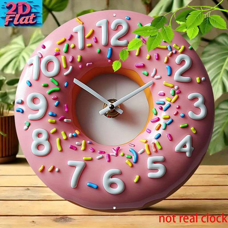 1pc 2D Flat Aluminum Wall Clock Pink Donut Shape with Colorful Sprinkles Frosting Not real clock