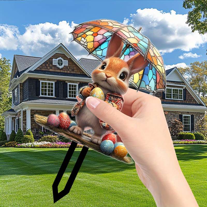 1pc 2D Flat    Pack of Art Revival Style Rabbit and Easter Egg Acrylic Garden Stakes Gr
