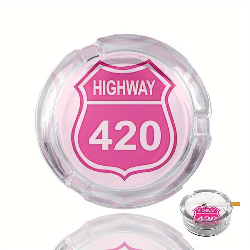1pc Round Clear Glass Ashtray with Anti-Slip Base "Highway 10.67meter Pink Sign Design Modern De