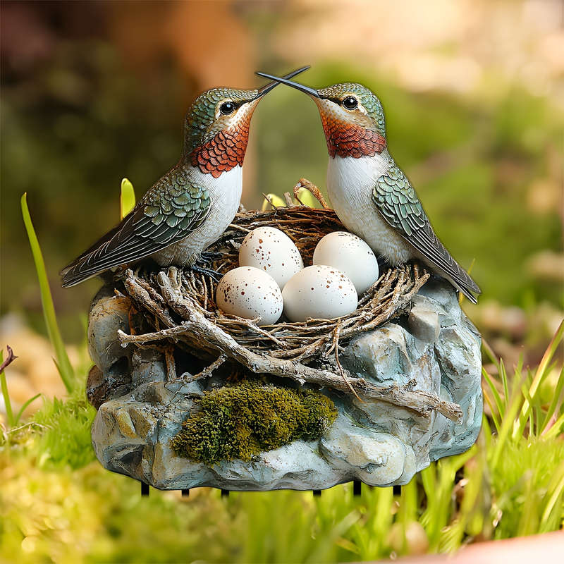 1pc 2D Flat Charming  Acrylic Hummingbird Garden Stake with Lifelike Birds Eggs Rustic Outdoor D