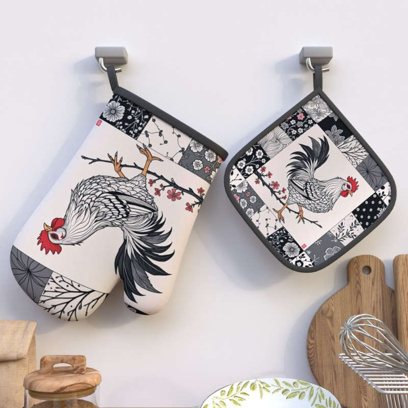 2pcs Rooster Plum Blossom Heat-Resistant Oven Mitts Floral Chinese Design 26.92x17.02 cm