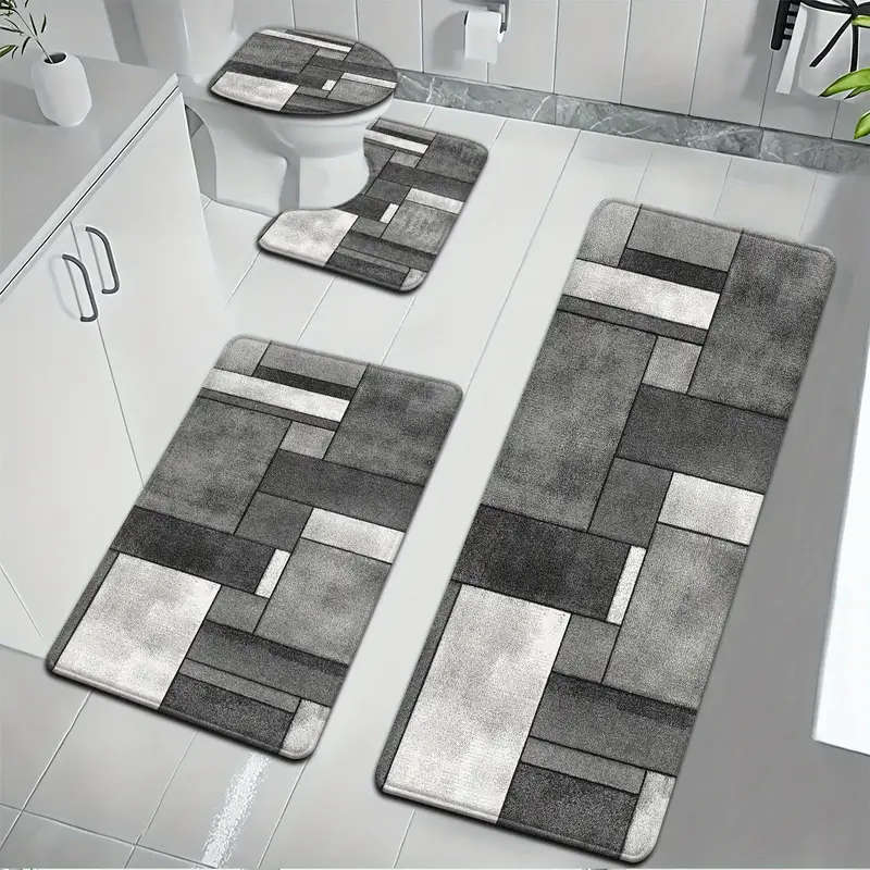 4-Piece Stylish Simple Grey Geometric Pattern Bathroom Mat Set