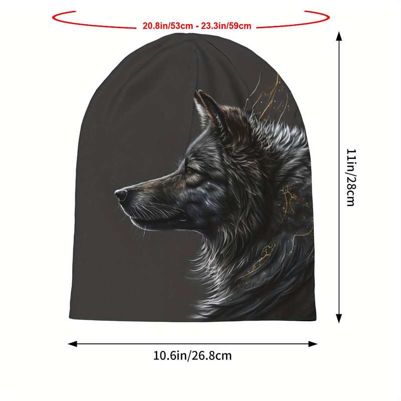 1pc Hip Hop Beanie Hat with Night Moon Wolf Greeting Skull Cap Design Fashionable Knit Polyester a