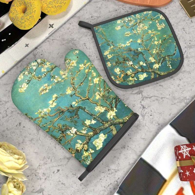 2pcs Blooming Almond Tree Branches Oven Mitt Set Heat Resistant Polyester Kitchen Gloves and P
