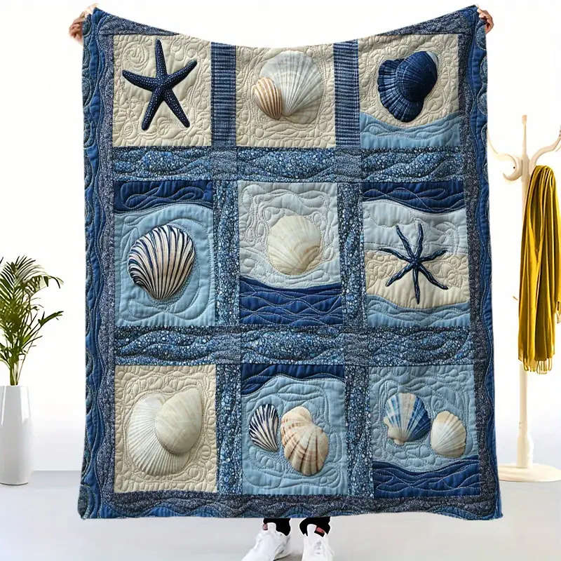 1 Vintage Nautical Starfish and Shell Patchwork Flannel Blanket 150*200cm
